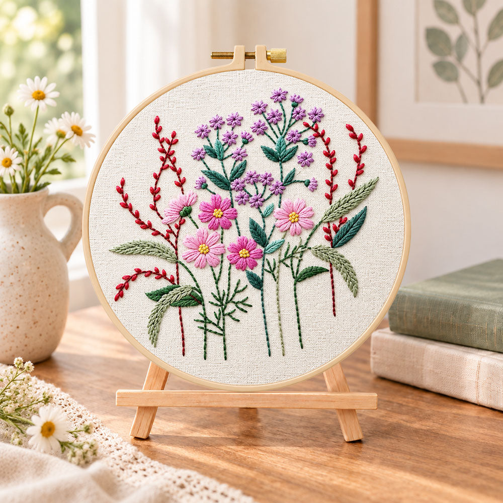 Vibrant purple floral embroidery kit finished hoop displayed on a wooden stand as cozy tabletop decor