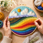 Creating the vibrant rainbow color block landscape wool painting by hand with a felting needle