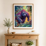 Finished vibrant rainbow jungle gorilla cross stitch artwork displayed as home decor