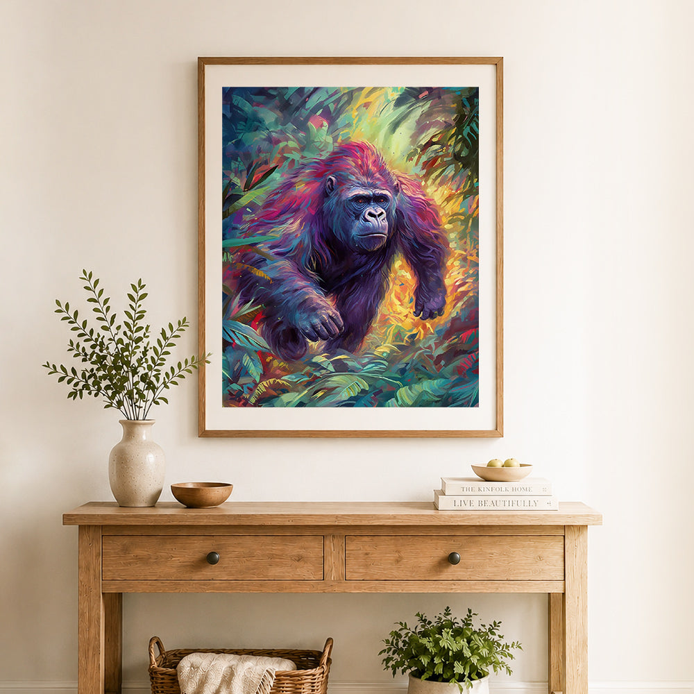 Finished vibrant rainbow jungle gorilla cross stitch artwork displayed as home decor