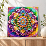 Finished vibrant rainbow mandala pearl diamond painting artwork displayed as holiday home decor