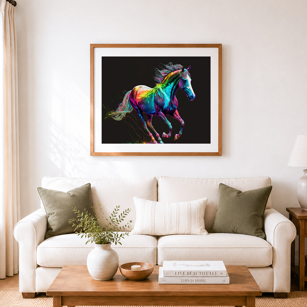 Finished vibrant rainbow stallion cross stitch artwork displayed as home decor