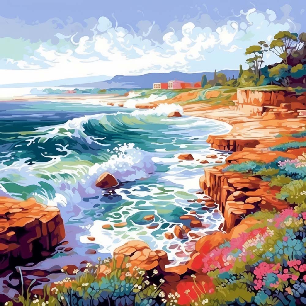 Vibrant rocky seaside cliffs cross stitch kit for beginners
