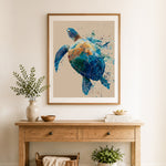 Finished vibrant sea turtle art cross stitch artwork displayed as home decor