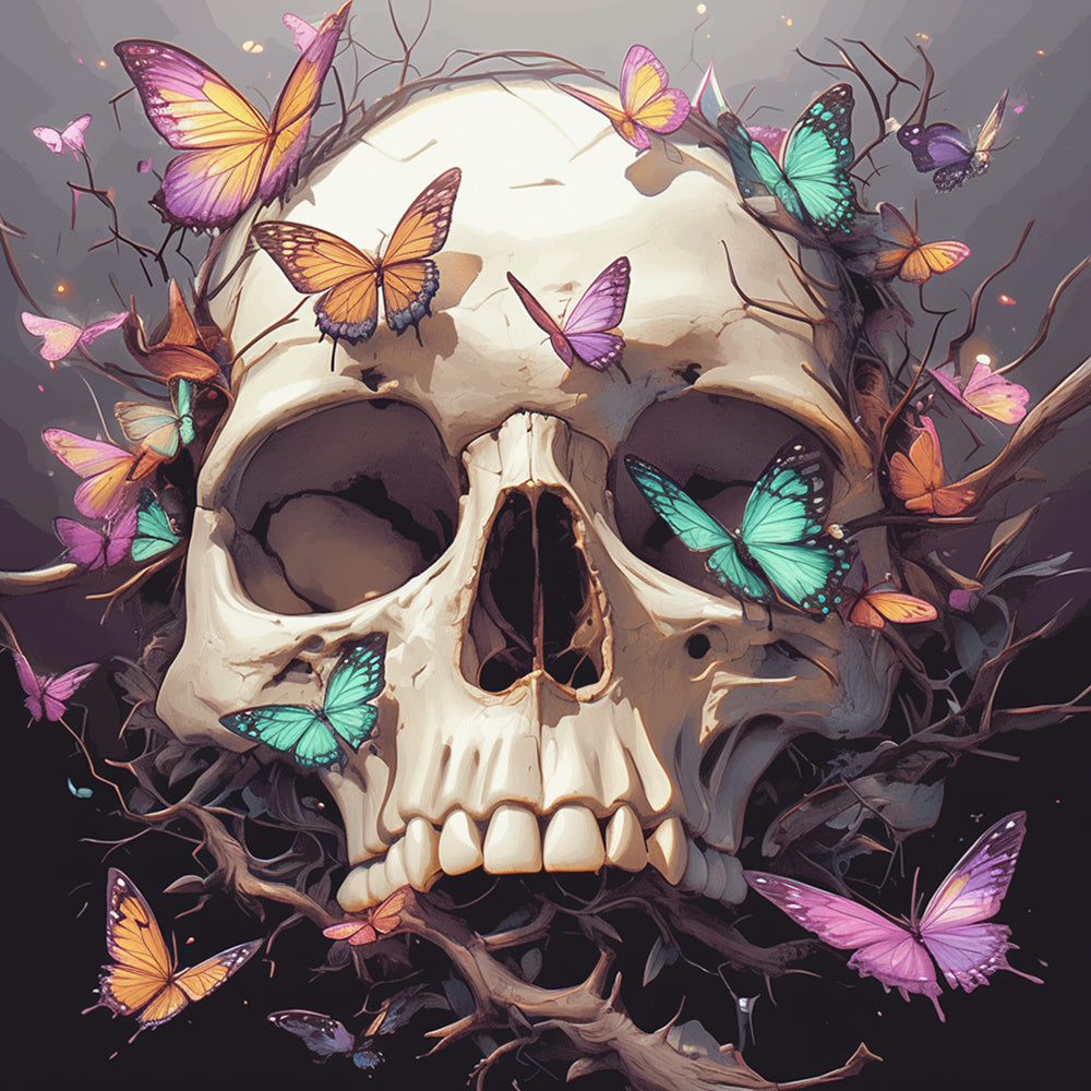 Vibrant skull with colorful butterflies cross stitch kit for beginners