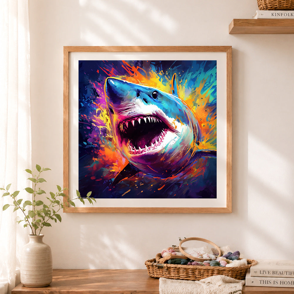 Finished vibrant splash art shark cross stitch artwork displayed as home decor