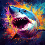 Vibrant splash art shark cross stitch kit for beginners