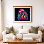 Finished vibrant splash flamingo cross stitch artwork displayed as home decor