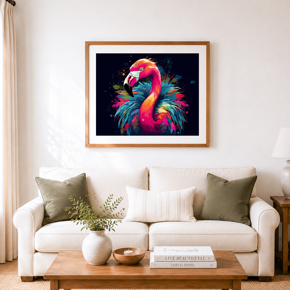 Finished vibrant splash flamingo cross stitch artwork displayed as home decor