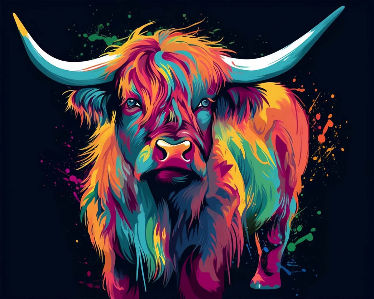 Vibrant splash highland cow cross stitch kit for beginners
