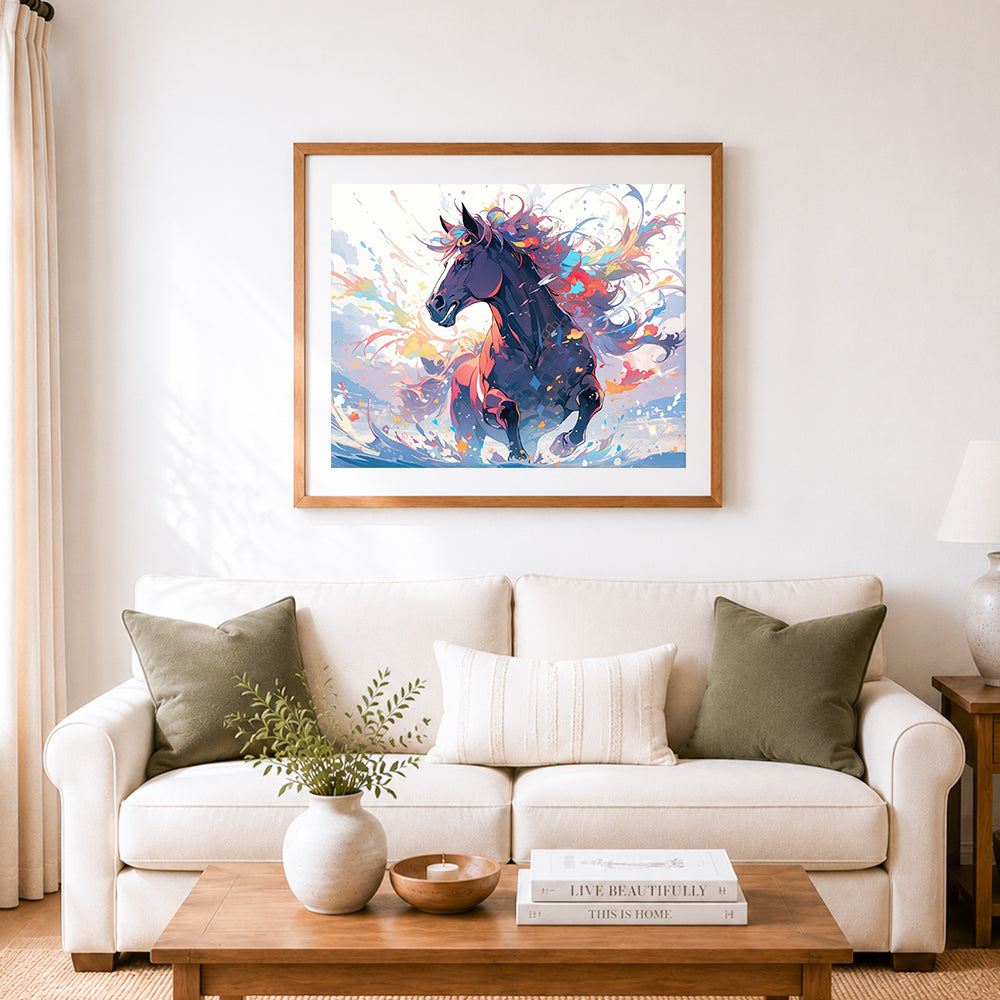 Finished vibrant splash horse cross stitch artwork displayed as home decor