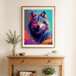 Finished vibrant splash wolf cross stitch artwork displayed as home decor