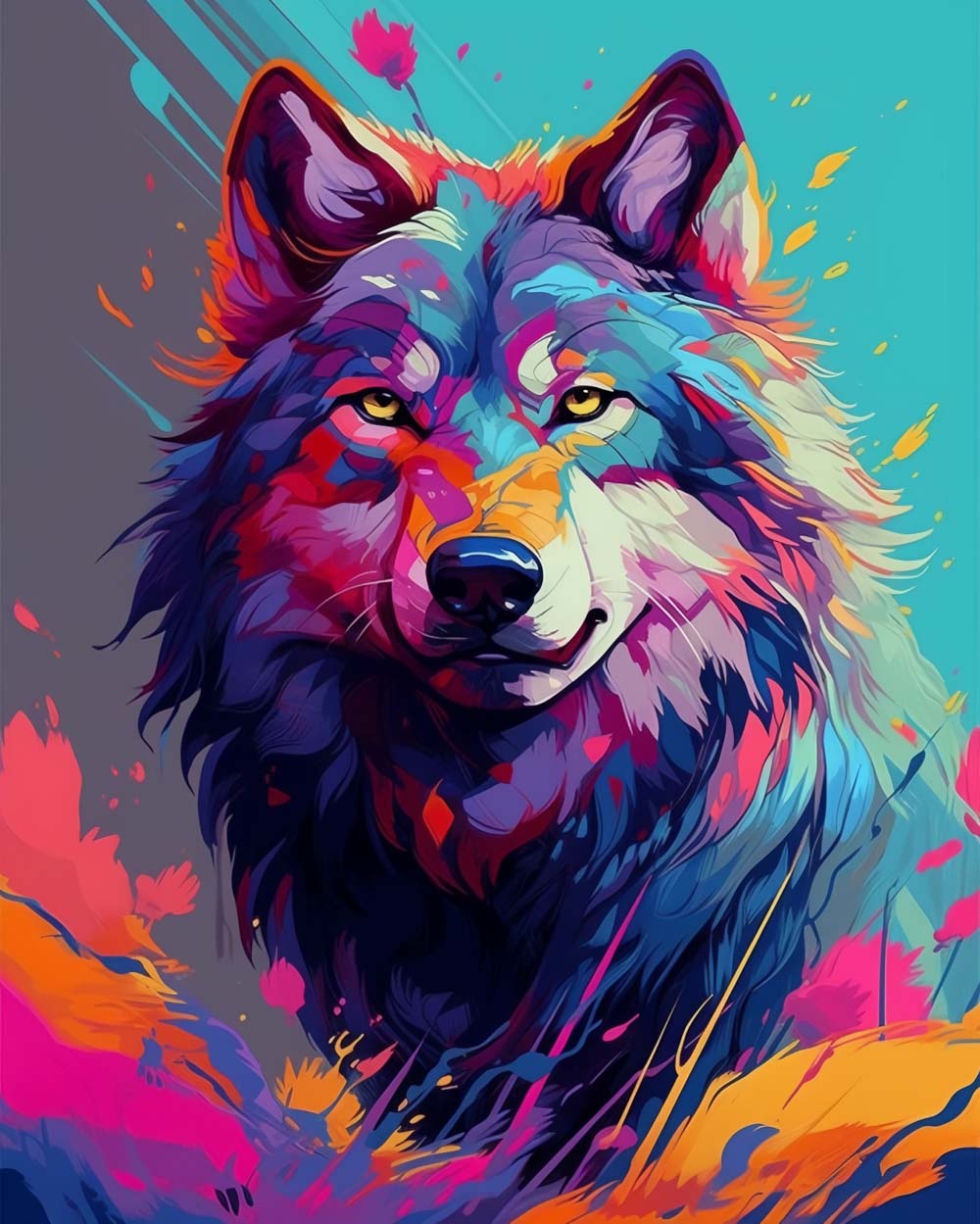 Vibrant splash wolf cross stitch kit for beginners