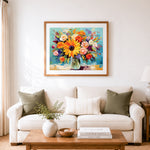 Finished vibrant sunflower floral bouquet cross stitch artwork displayed as home decor