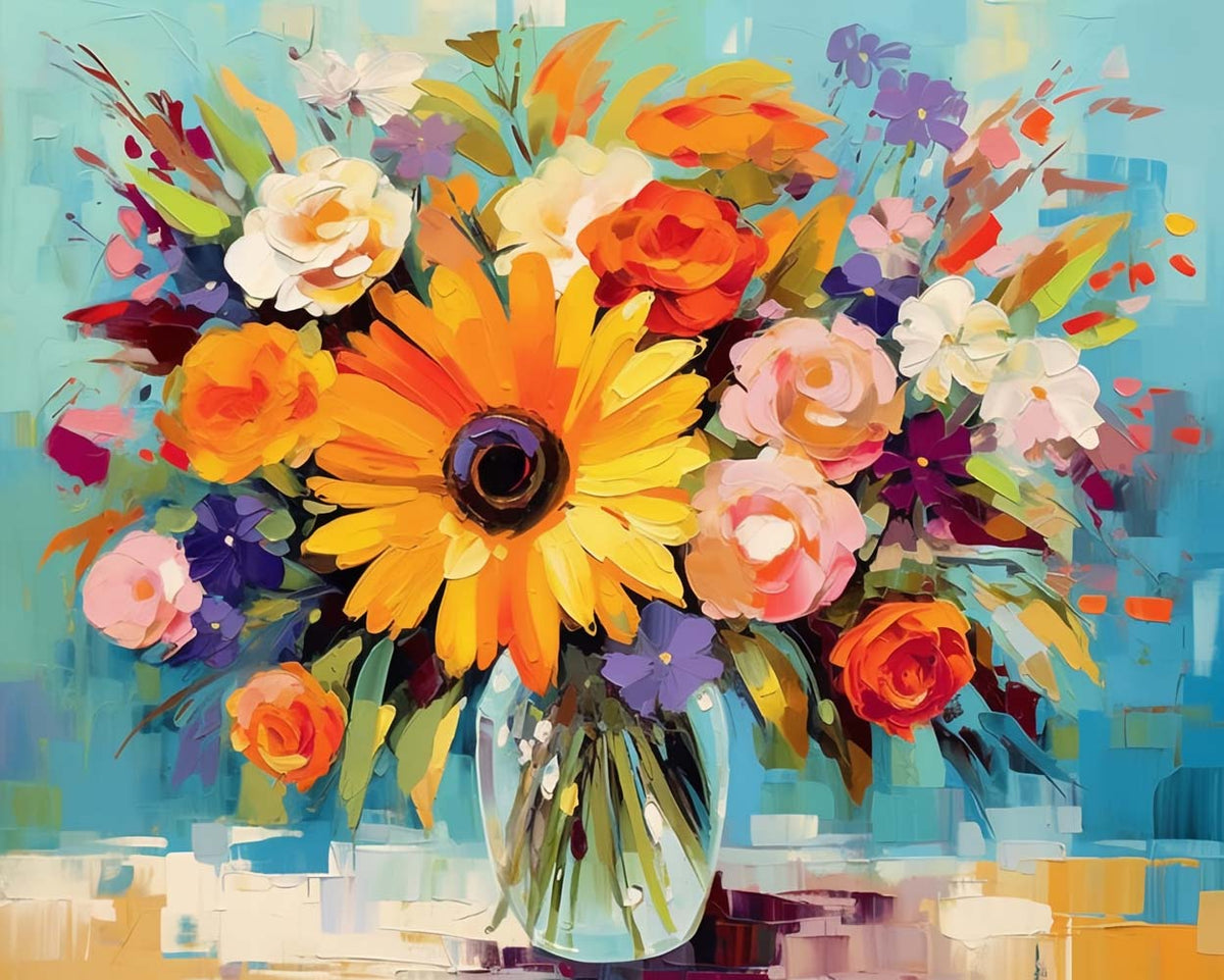 Vibrant sunflower floral bouquet cross stitch kit for beginners