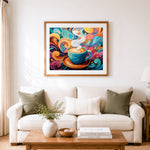 Finished vibrant swirl coffee painting cross stitch artwork displayed as home decor