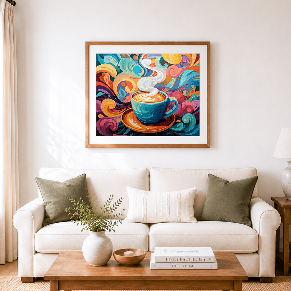 Finished vibrant swirl coffee painting cross stitch artwork displayed as home decor
