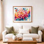 Finished vibrant swirl dahlia art cross stitch artwork displayed as home decor