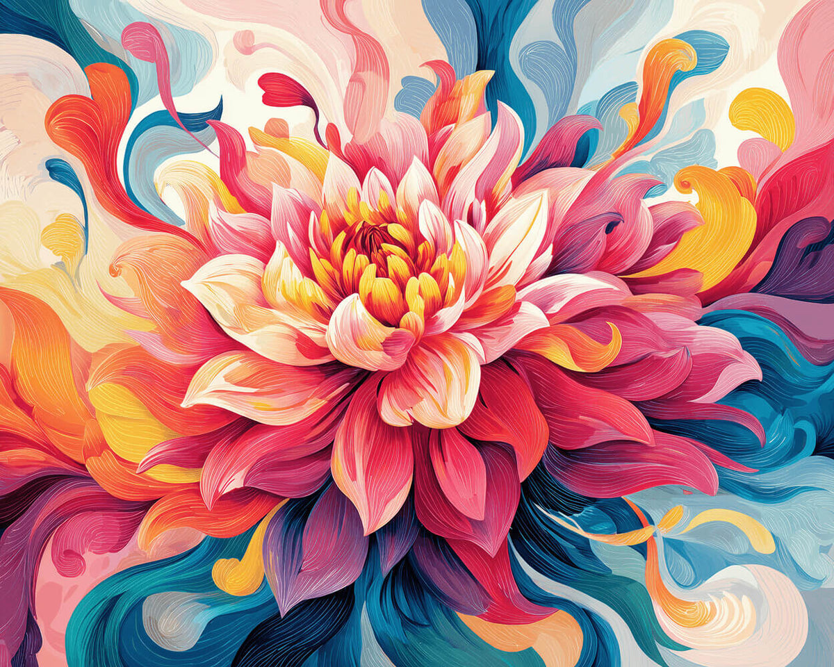Vibrant swirl dahlia art cross stitch kit for beginners