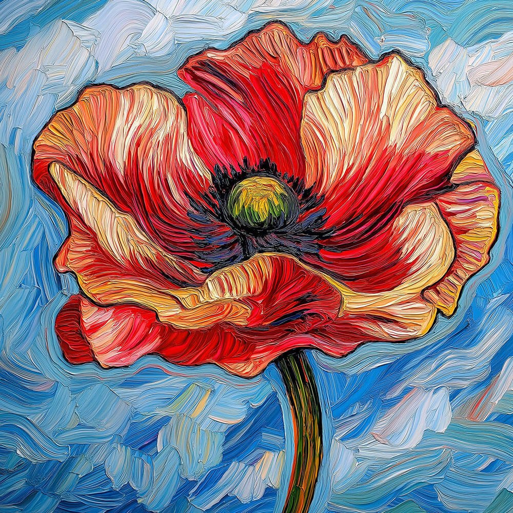 Vibrant swirling red poppy cross stitch kit for beginners