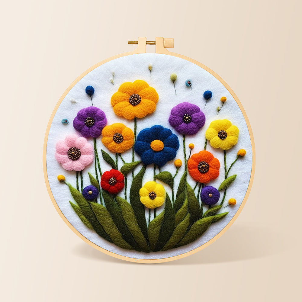 Vibrant tall wildflowers needle felting kit for beginners with a round wooden frame