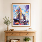 Finished vibrant tower bridge cross stitch artwork displayed as home decor