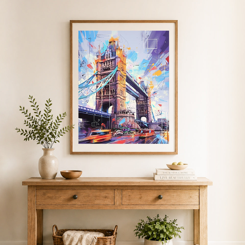 Finished vibrant tower bridge cross stitch artwork displayed as home decor