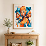 Finished vibrant tribal women cross stitch artwork displayed as home decor