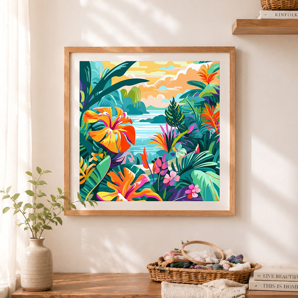 Finished vibrant tropical hibiscus and ocean view cross stitch artwork displayed as home decor