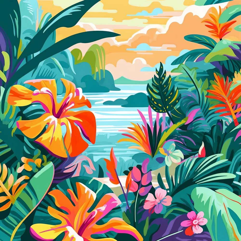 Vibrant tropical hibiscus and ocean view cross stitch kit for beginners