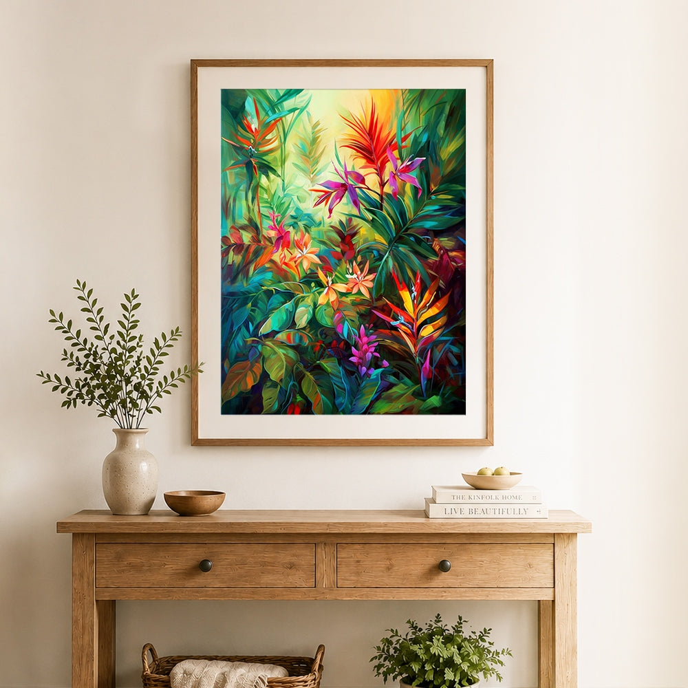 Finished vibrant tropical jungle foliage cross stitch artwork displayed as home decor