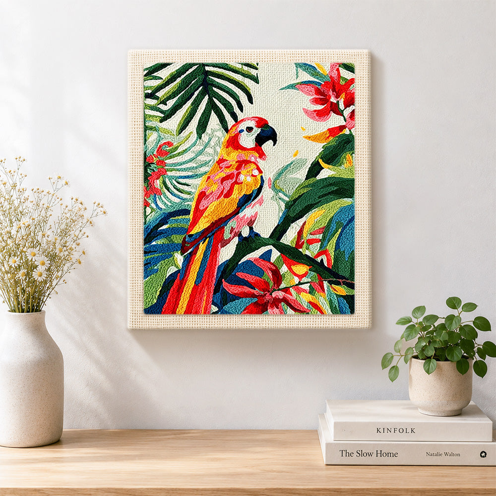 Finished vibrant tropical macaw parrot artwork displayed on a wall