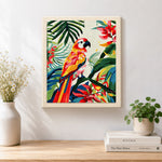 Finished vibrant tropical macaw parrot artwork displayed on a wall