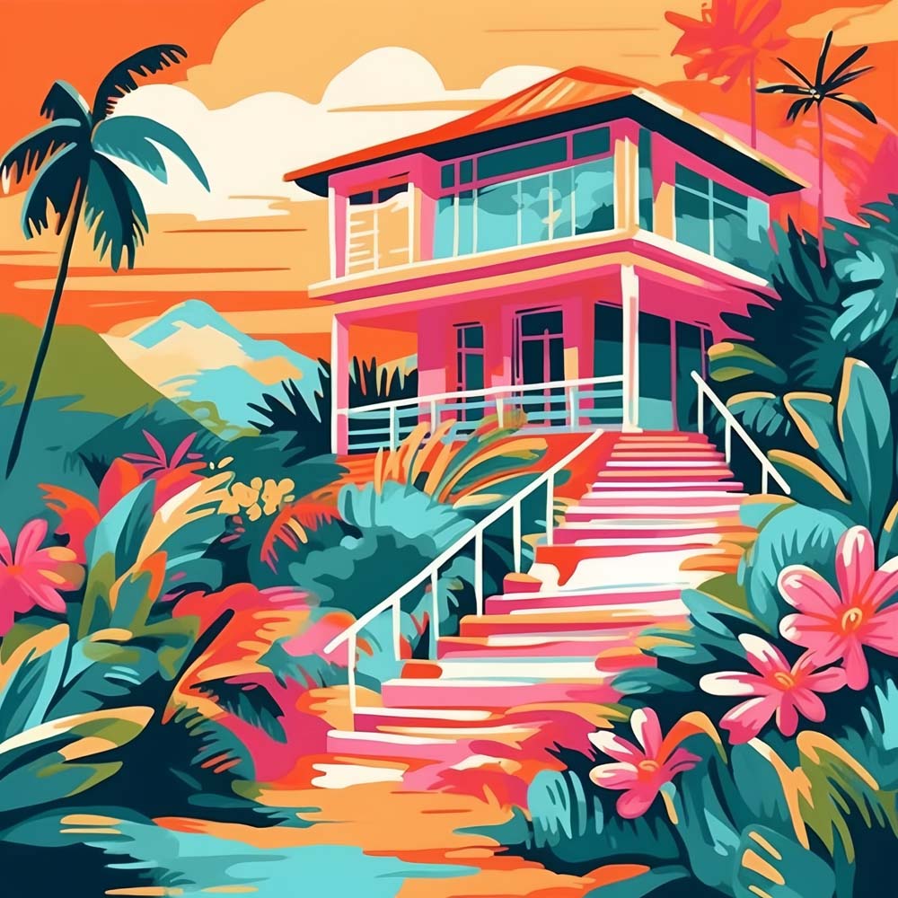 Vibrant tropical villa cross stitch kit for beginners