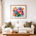 Finished vibrant tulip bouquet cross stitch artwork displayed as home decor