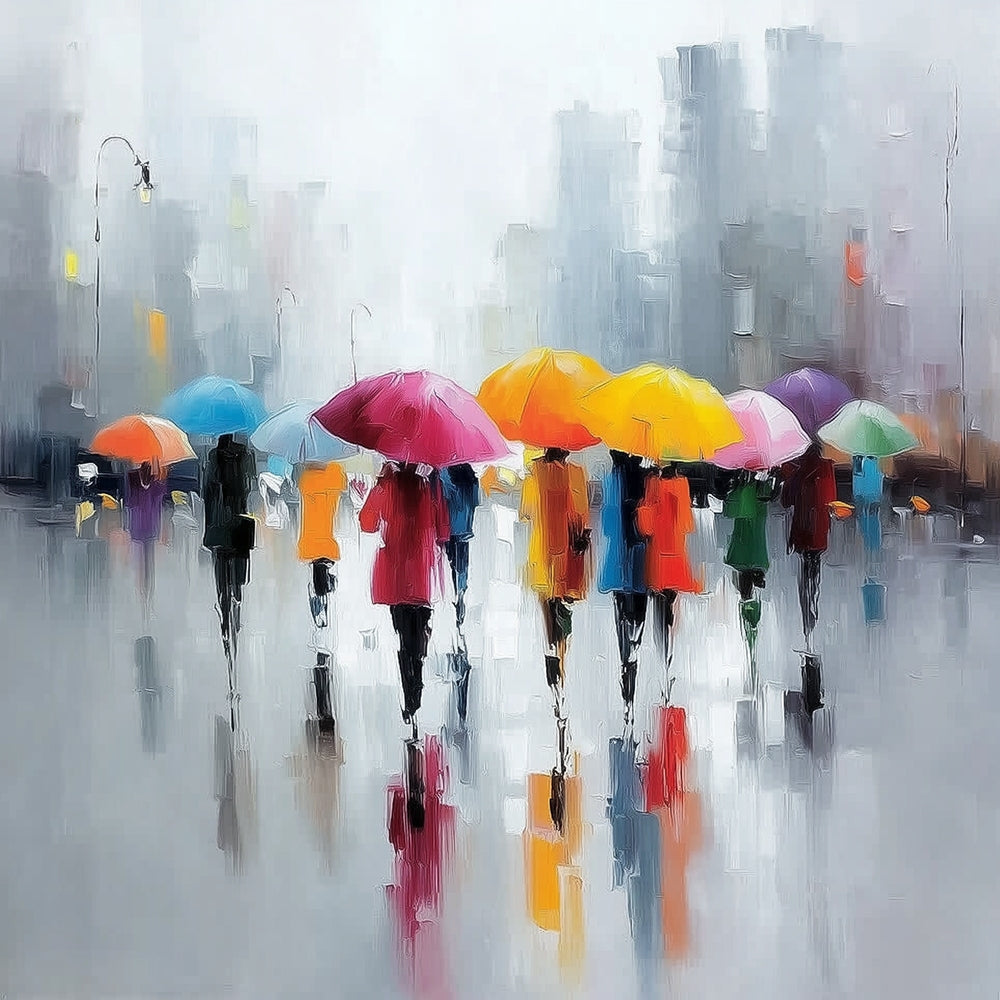 Vibrant umbrellas on a rainy street cross stitch kit for beginners