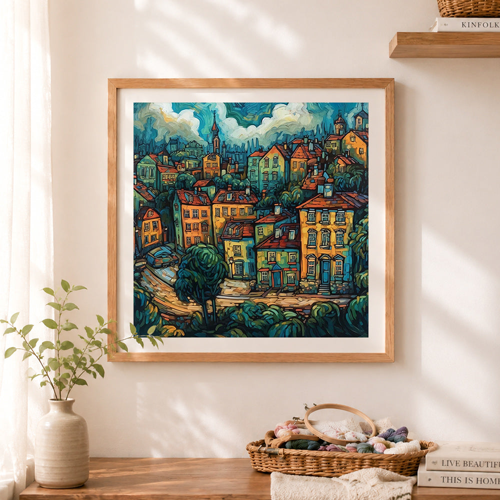 Finished vibrant van gogh style city cross stitch artwork displayed as home decor
