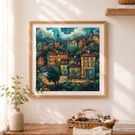 Finished vibrant van gogh style city cross stitch artwork displayed as home decor