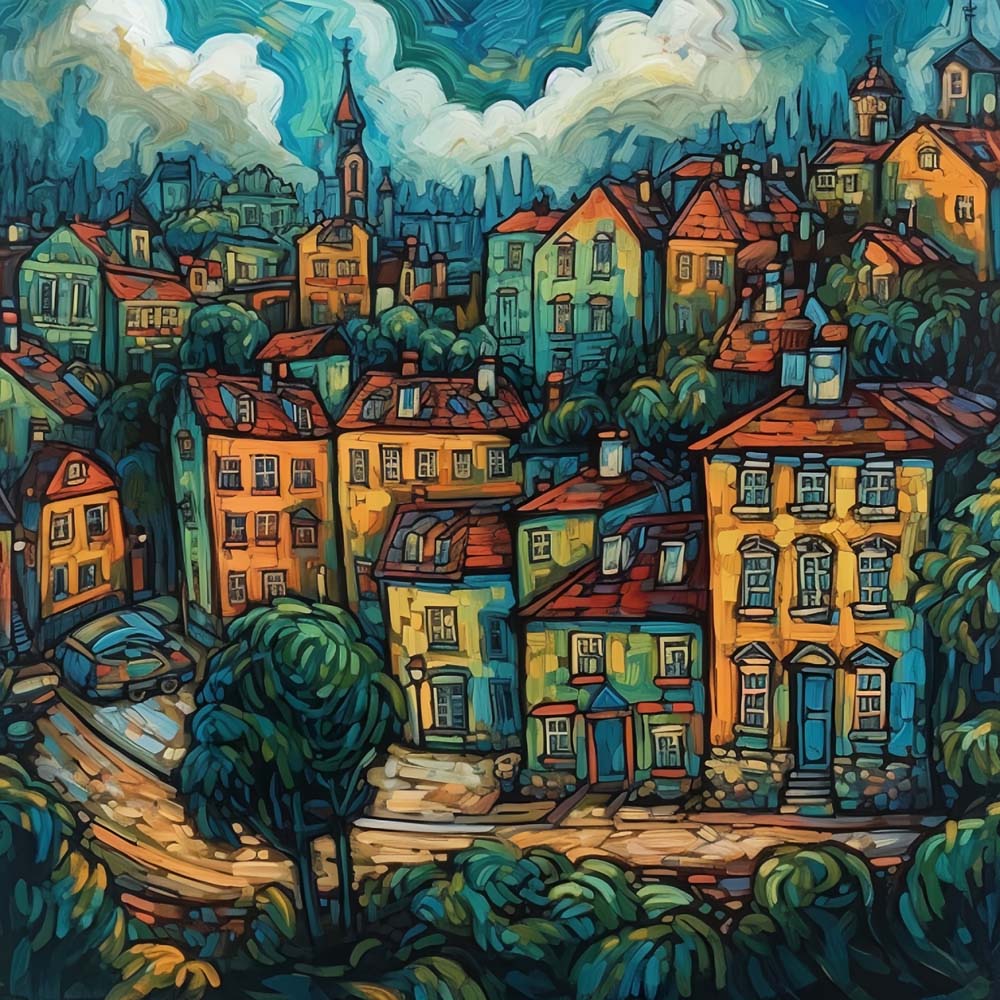 Vibrant van gogh style city cross stitch kit for beginners