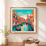 Finished vibrant venice canal view cross stitch artwork displayed as home decor