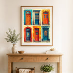 Finished vibrant vintage door collection cross stitch artwork displayed as home decor