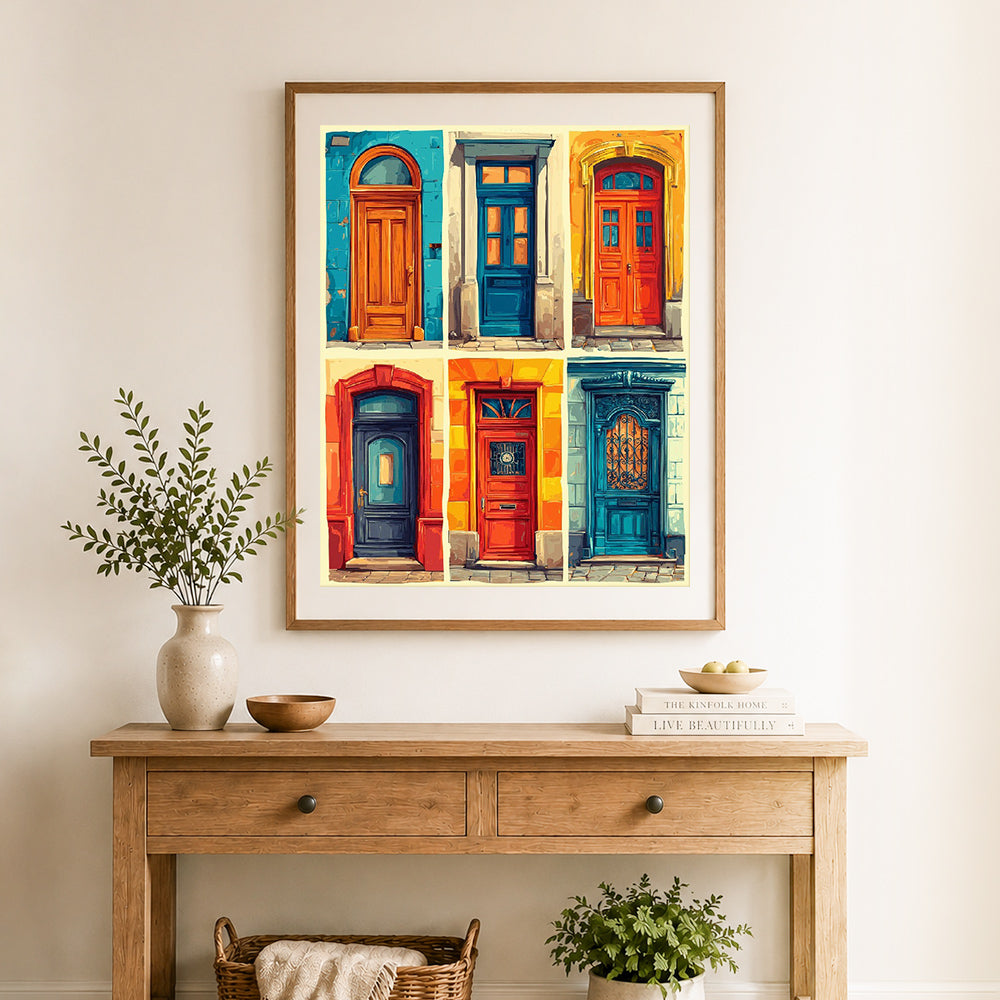 Finished vibrant vintage door collection paint by numbers artwork displayed as home decor
