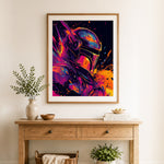 Finished vibrant warrior helmet art cross stitch artwork displayed as home decor