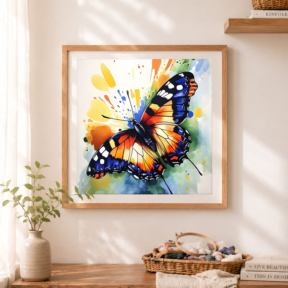 Finished vibrant watercolor butterfly cross stitch artwork displayed as home decor