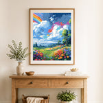 Finished vibrant wildflower valley under rainbow cross stitch artwork displayed as home decor