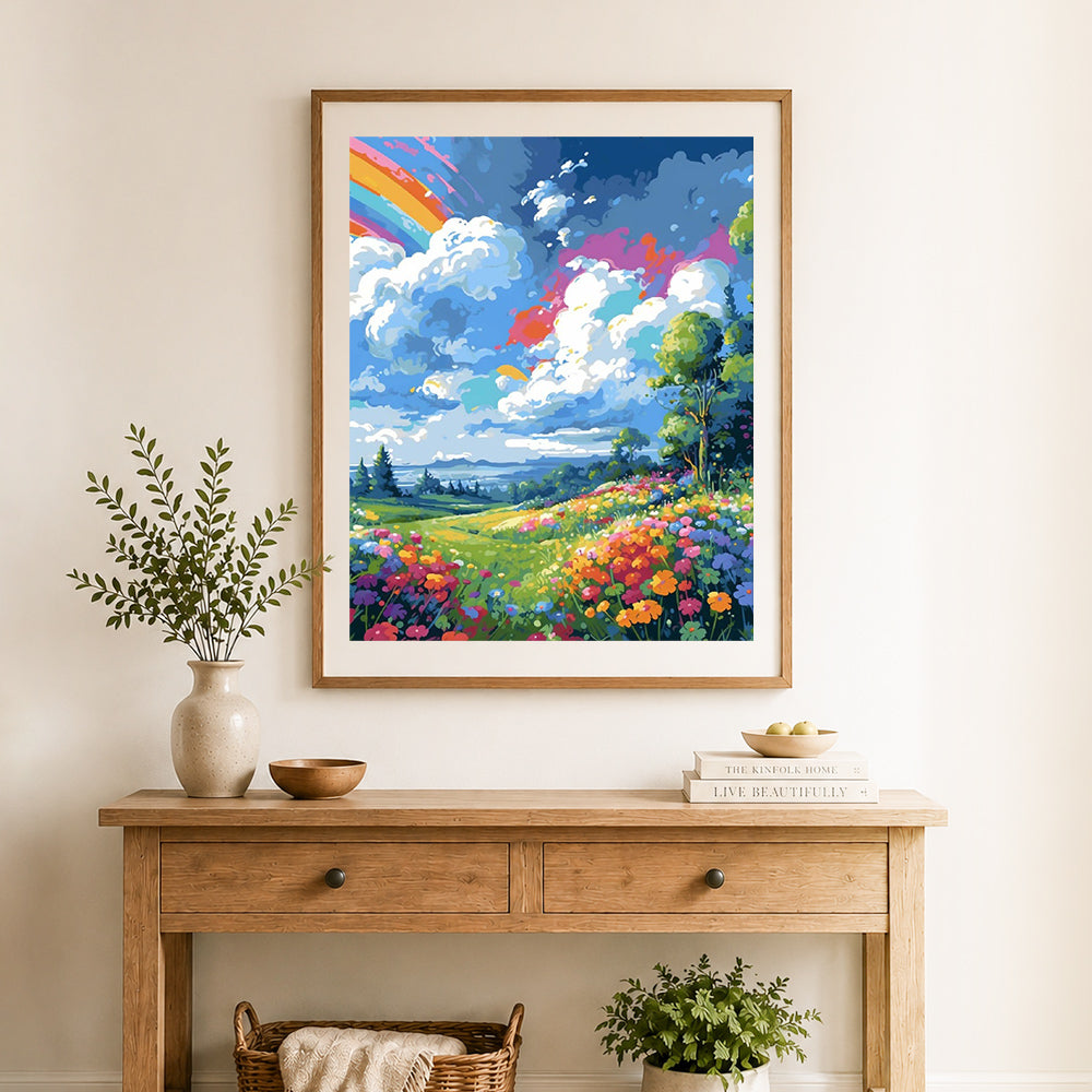 Finished vibrant wildflower valley under rainbow cross stitch artwork displayed as home decor