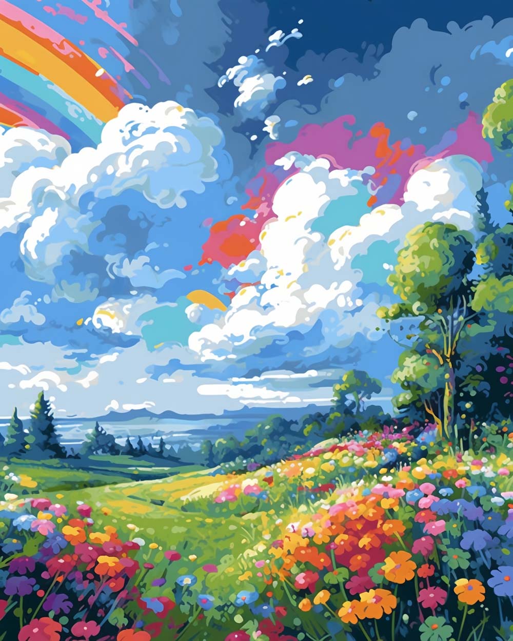 Vibrant wildflower valley under rainbow cross stitch kit for beginners