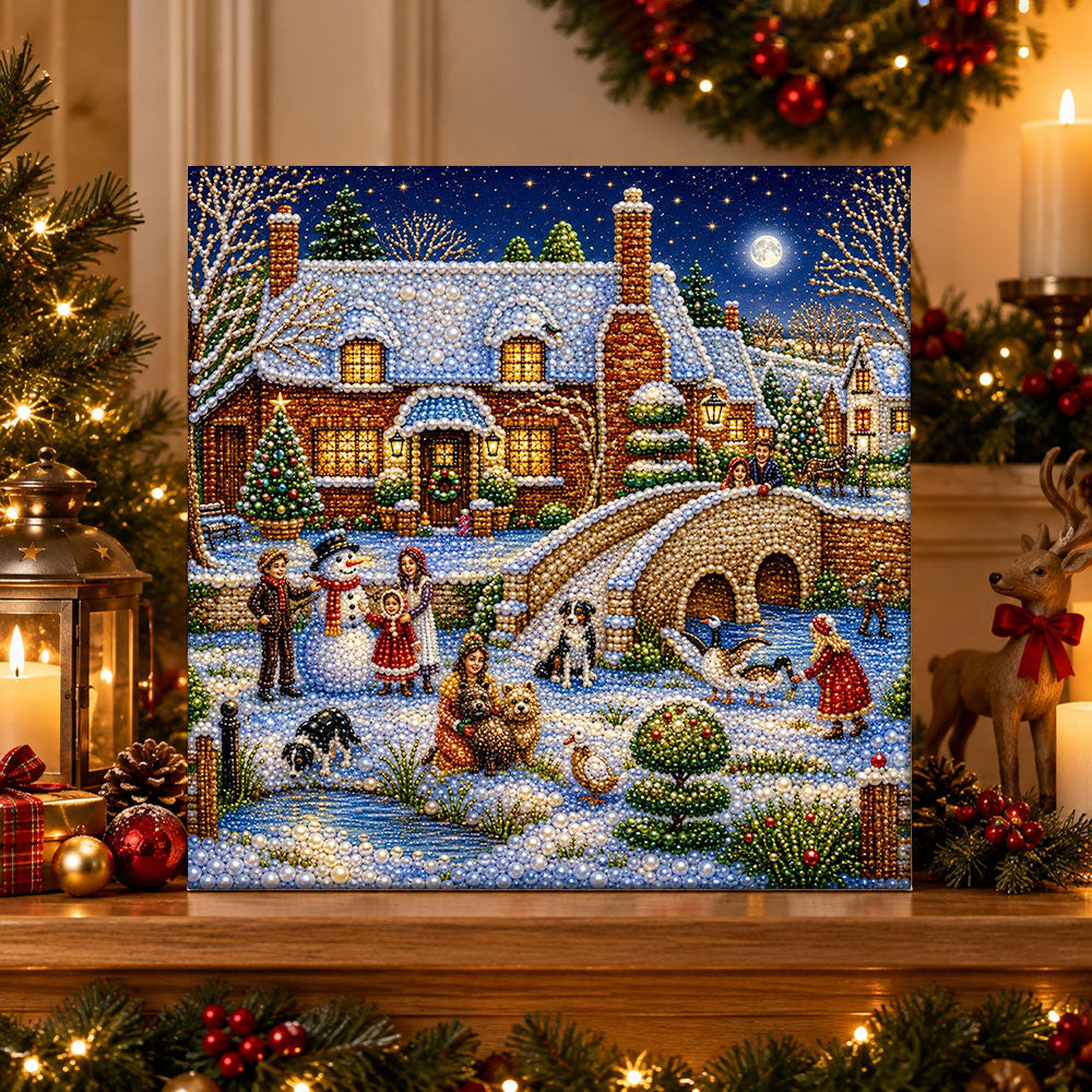 Finished village winter night scene pearl diamond painting artwork displayed as holiday home decor