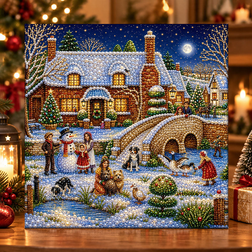 Village winter night scene pearl diamond painting kit for beginners