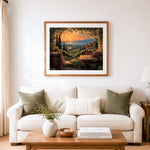 Finished vineyards and red wine at sunset cross stitch artwork displayed as home decor
